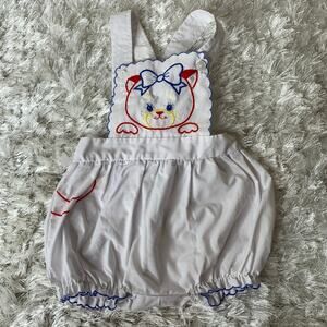 Vintage 1 Piece Apron Overalls Sz 9 months White Kitty Bow